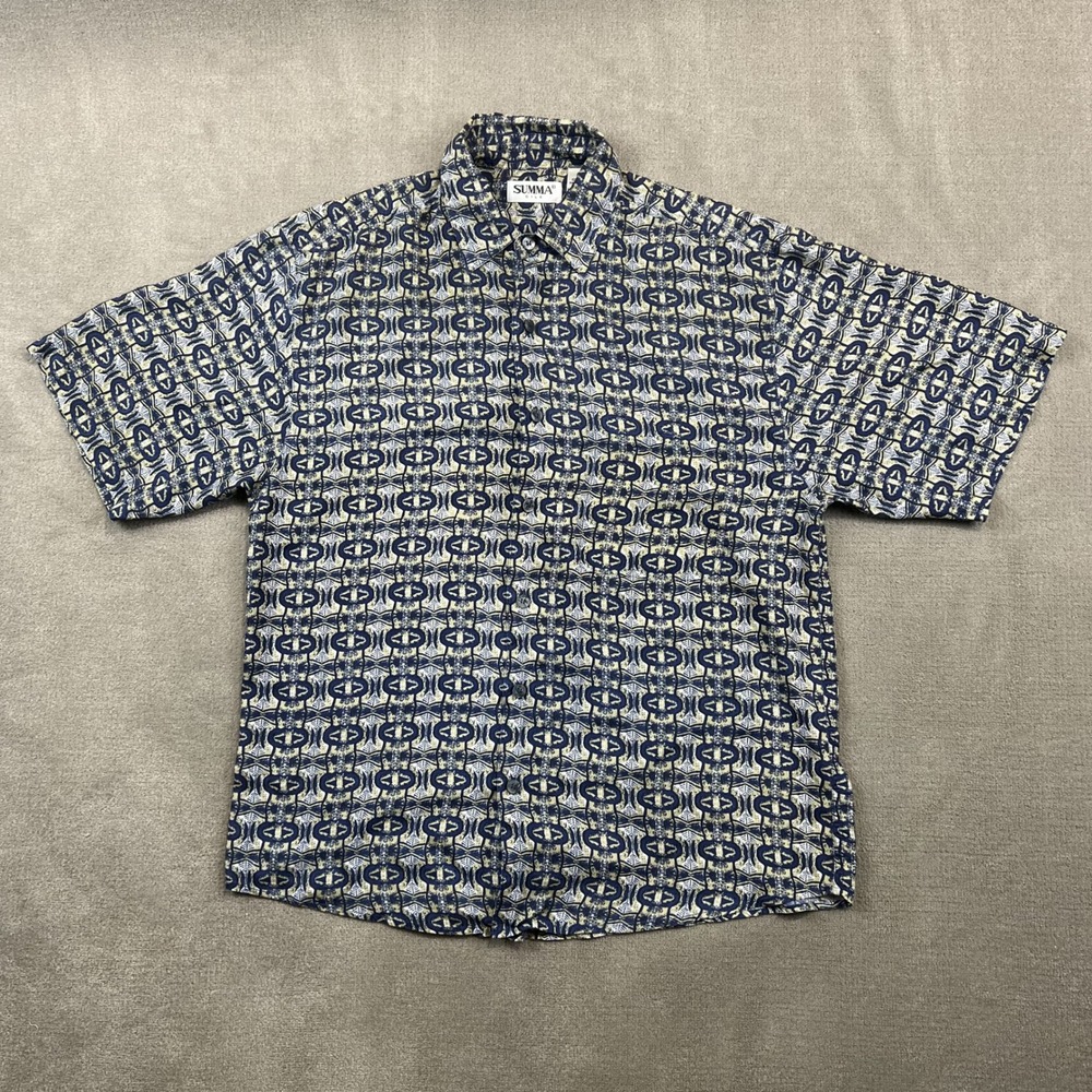 Summa Silk Shirt Size M Mens Short Sleeve Blue Geometric Abstract 100% Silk